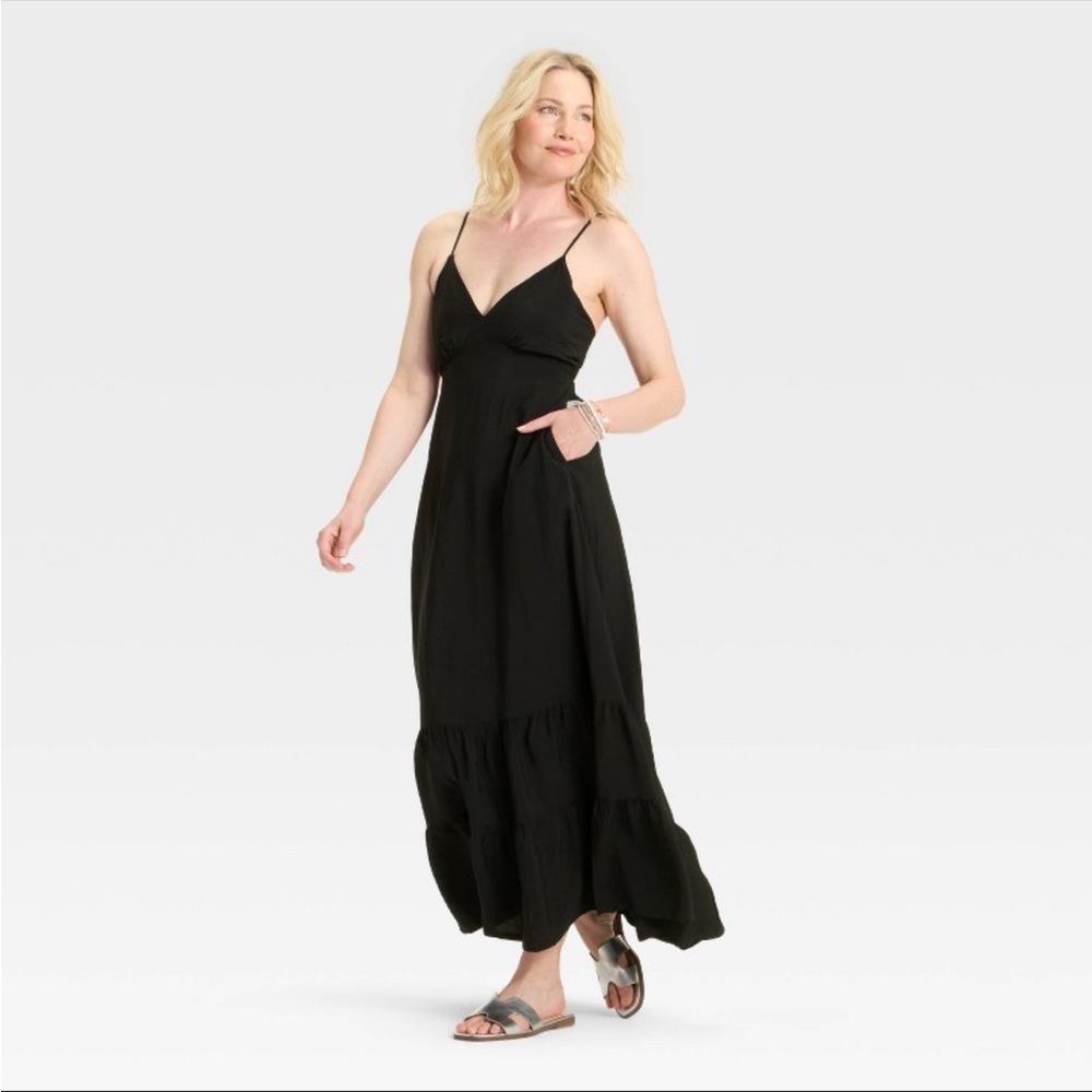 A New Day Womens Black Maxi Dress Size M Spaghetti Strap Back Cutout